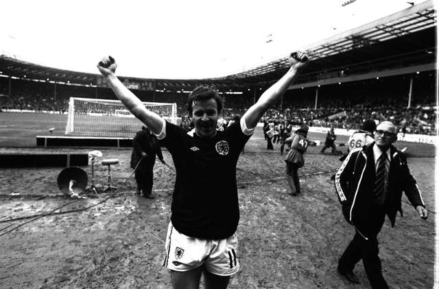 John Robertson, arms raised in victory after Scotland beat England 1-0 at Wembley