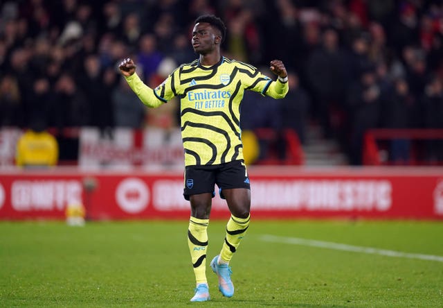 Arsenal’s Bukayo Saka celebrates scoring 