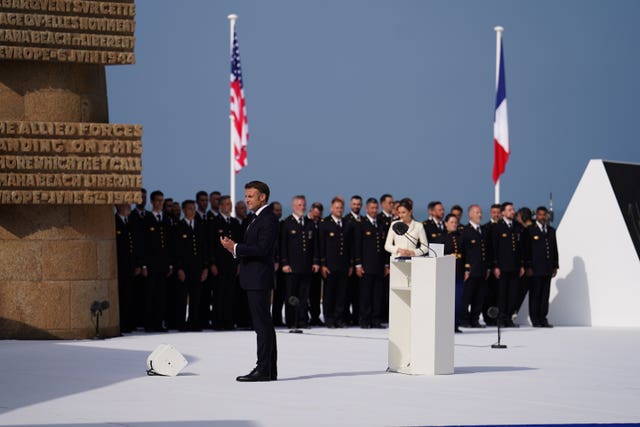 President of France Emmanuel Macron during the UK national commemorative event for the 80th anniversary of D-Day, in Ver-sur-Mer, Normandy, France