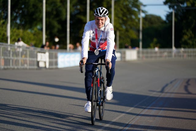 Cyclist Ethan Hayter at a homecoming party at Herne Hill Velodrome in south London