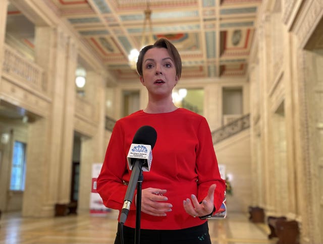 Stormont Infrastructure minister Liz Kimmins speaking to media in Parliament Buildings
