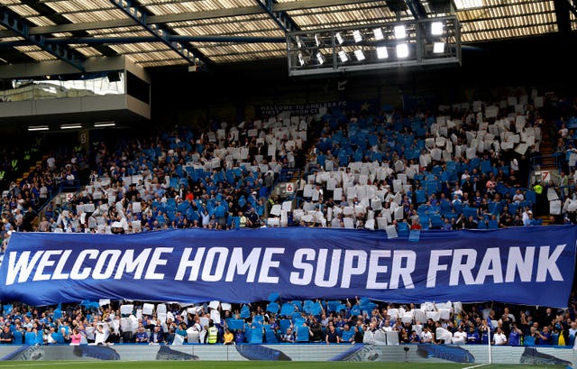 A banner celebrating Frank Lampard's return at Stamford Bridge