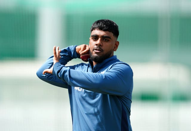 England's Rehan Ahmed bowls in the nets.