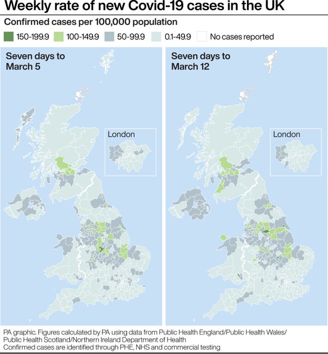 A PA infographic showing weekly rate of new Covid-19 cases in the UK 