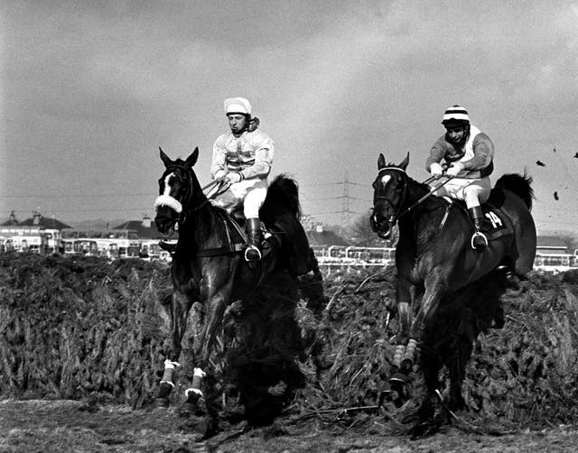 Rubstic (left), ridden by Maurice Barnes, and Zongalero, partnered by Bob Davies, take the last fence together in the 1979 National 