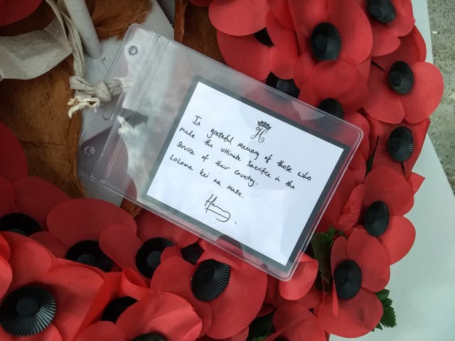 The note on the wreath laid by Harry at the Suva War Memorial