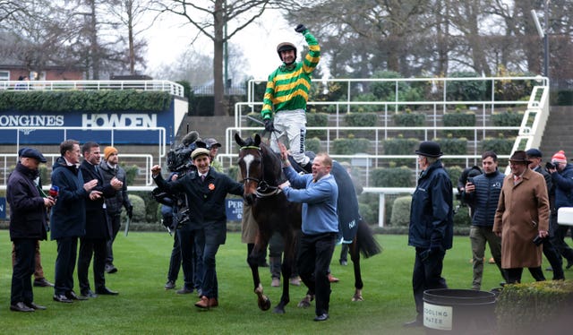 Jockey Nico de Boinville celebrates aboard Jonbon