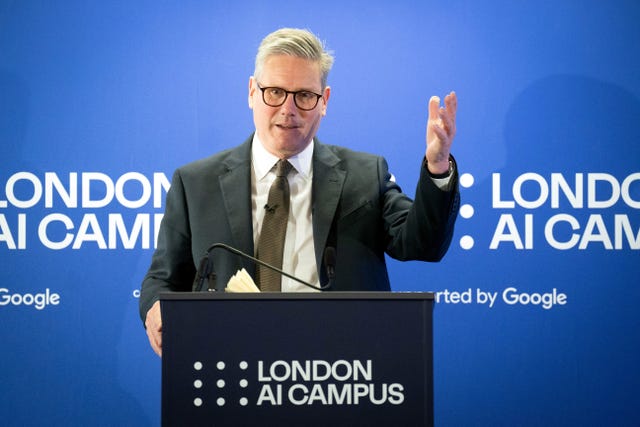 Prime Minister Sir Keir Starmer gives a speech during a visit to Google’s new AI Campus in Somers Town, north west London