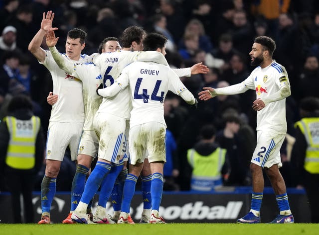 Leeds players celebrate following the Premier League match
