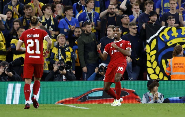 Liverpool midfielder Ryan Gravenberch celebrates scoring