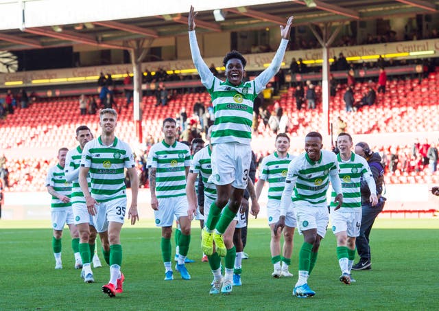 Jeremie Frimpong celebrates after Celtic's 4-0 thrashing of Aberdeen 