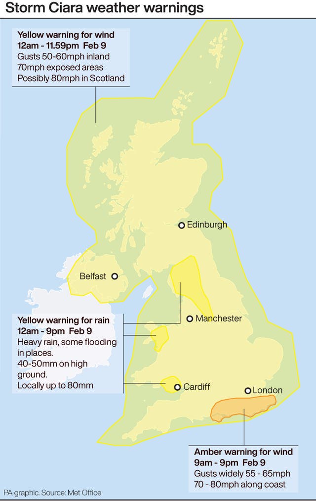 Weather warnings for Storm Ciara