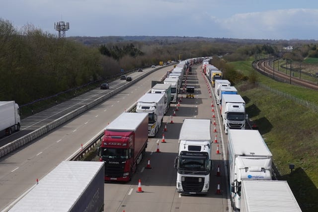lorries queue on the M20 in Ashford, Kent