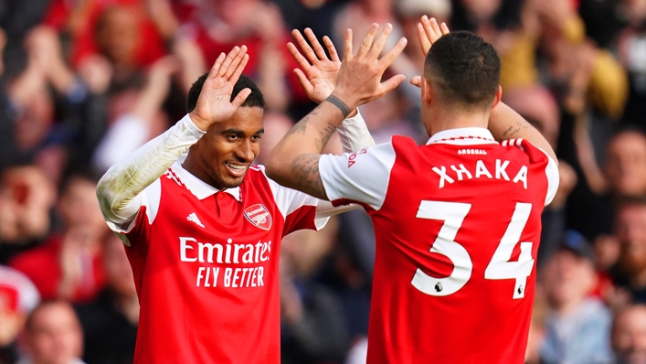 Reiss Nelson celebrates with Granit Xhaka after putting Arsenal 3-0 up on Sunday