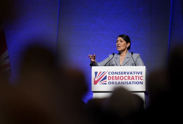 Priti Patel gives a speech during the Conservative Democratic Organisation conference at Bournemouth International Centre