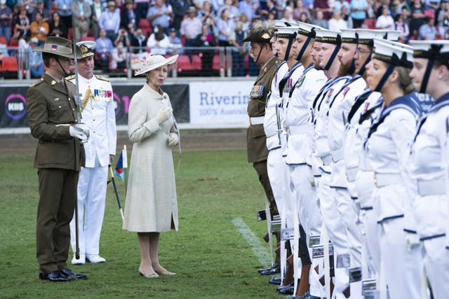 The Princess Royal inspects members of the Australian Defence Force during the opening ceremony of the Royal Agricultural Society of New South Wales Bicentennial Sydney Royal Easter Show in Sydney, on day one of the royal trip to Australia on behalf of the Queen, in celebration of the Platinum Jubilee 