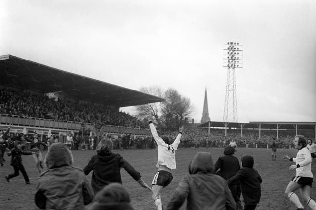 Ronnie Radford celebrates his stunning goal which set Hereford on the way to victory at Edgar Street in February 1972