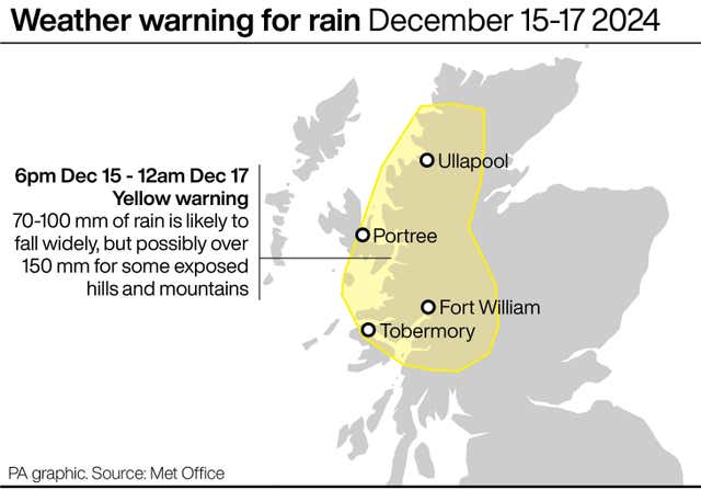 A map showing the area of Scotland covered by the yellow warning for rain December 15-17 2024