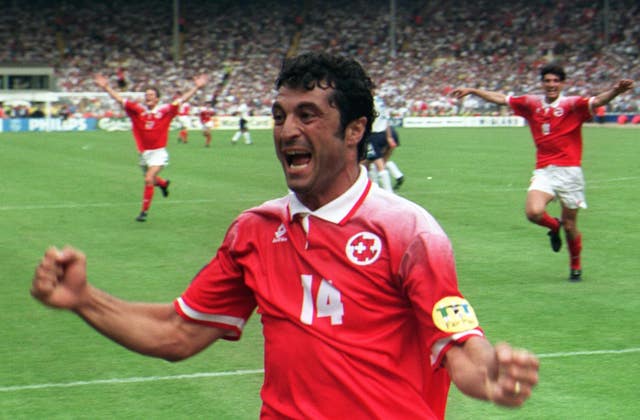 Kubilay Turkyilmaz celebrates scoring against England at Euro 96 (PA)