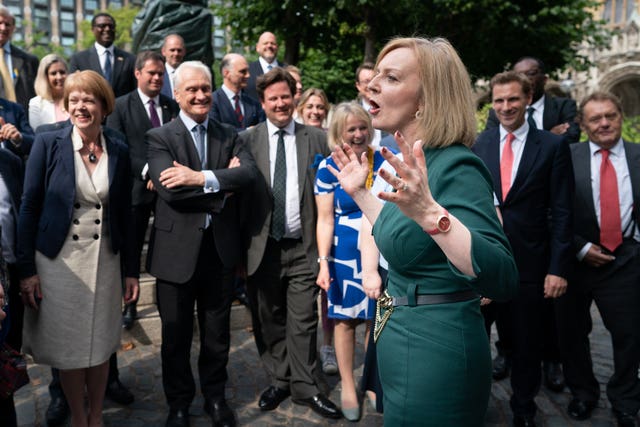 Foreign Secretary and Tory leadership candidate, Liz Truss celebrates with her supporters in the Houses of Parliament after making it along with Rishsi Sunak to the final two candidates to be Prime minister, London