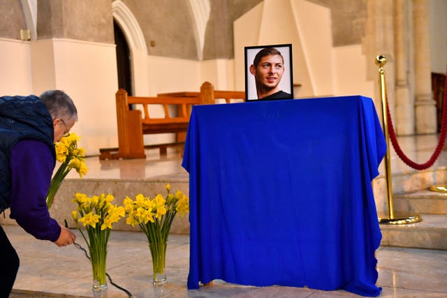 A portrait of Emiliano Sala is displayed at the front of St David’s Cathedral, Cardiff