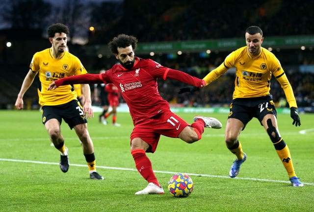Liverpool’s Mohamed Salah attempts to cross the ball