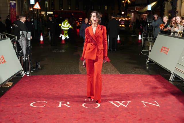 Olivia Williams arrives at the world premiere of The Crown series five at the Theatre Royal in London 