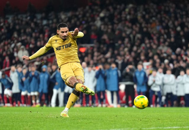 Crystal Palace’s Maxence Lacroix takes his shoot-out penalty which was saved to earn Arsenal victory