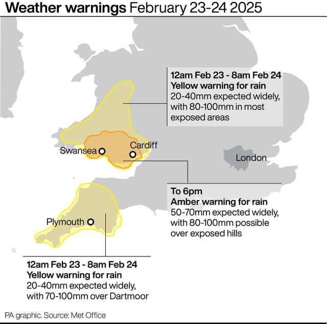 Map showing weather warnings