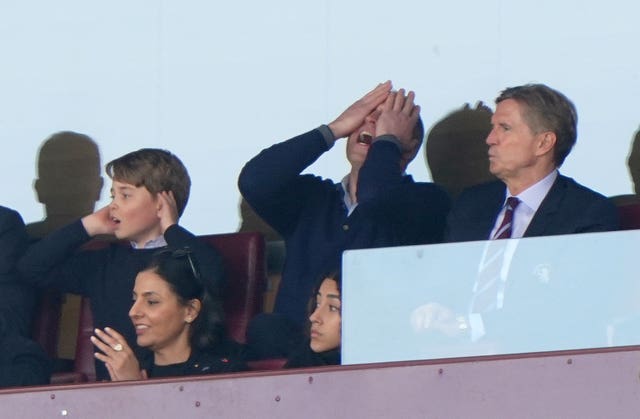The Prince of Wales and Prince George of Wales rue a near miss during Aston Villa's 2-0 victory over Nottingham Forest. The royal pair joined Villa chief executive Christian Purslow, right, in the stands at Villa Park for the match in early April. Nine-year-old George regularly mirrored his father's expressions during a nail-biting affair in which Ollie Watkins' late goal finally put the result beyond doubt following Bertrand Traore's opener