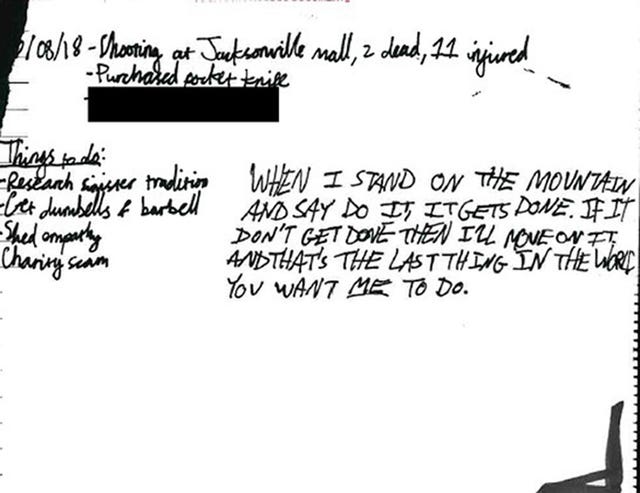 A handwritten note contained a to do list including an instruction to ‘shed empathy’ and a quote from Charles Manson (Counter Terrorism Police North East/PA)