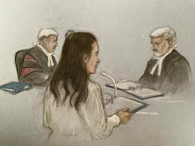 Court artist sketch by Elizabeth Cook of Constance Marten being questioned by her barrister