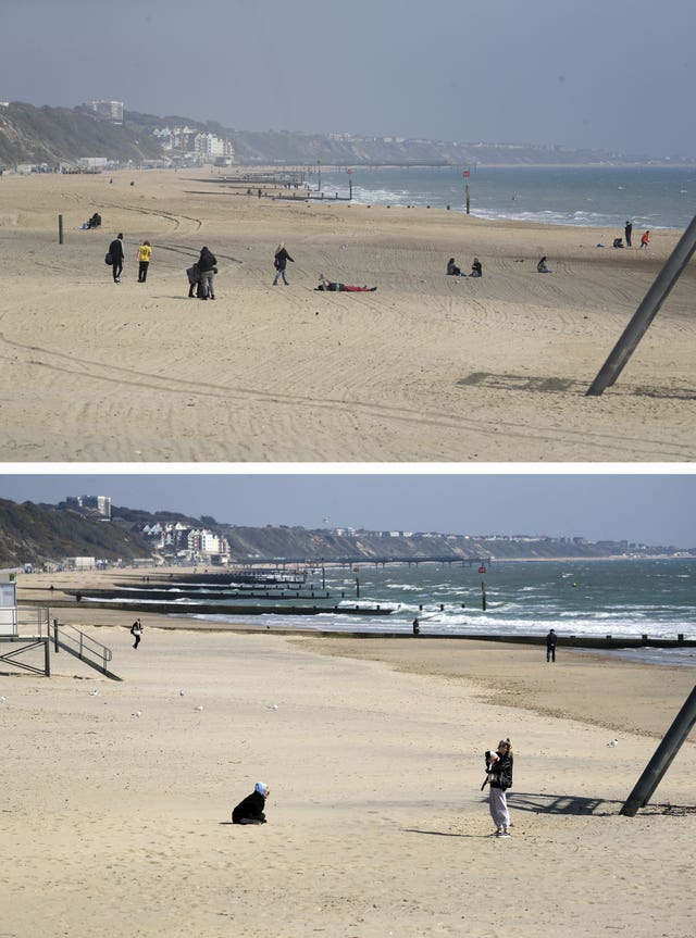 Composite of photos of the seafront in Bournemouth taken today (top) and the same view on 24/03/20 (bottom), the day after Prime Minister Boris Johnson put the UK in lockdown