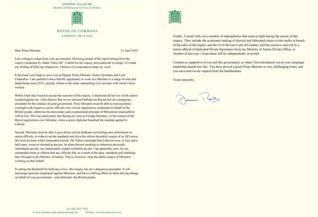 Dominic Raab resignation letter