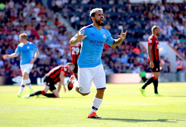 Sergio Aguero celebrates his brace against Bournemouth in August 2019