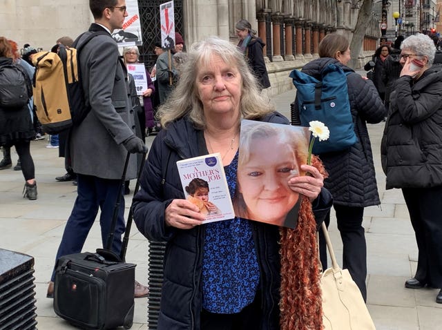 Joy Dove, the mother of Jodey Whiting, outside the Royal Courts of Justice in London in January