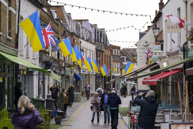 Ukrainian flags in Church Street, Twickenham, following Russia’s invasion of Ukraine. (PA/Steve Parsons)