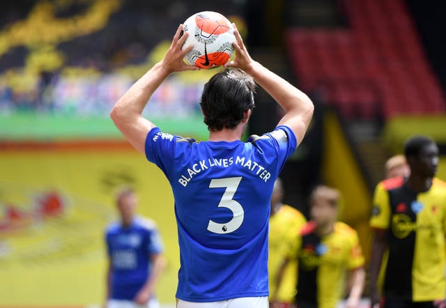 Leicester's Ben Chilwell takes a throw-in, with Black Lives Matter written on the back of his shirt