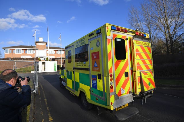 An ambulance arrives at Kents Hill Park Training and Conference Centre, in Milton Keynes, ahead of the repatriation to the UK of the latest coronavirus evacuees