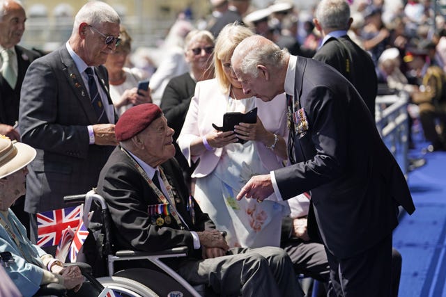 The King meets D-Day and Normandy veterans following the UK’s national commemorative event for the 80th anniversary of D-Day, hosted by the Ministry of Defence on Southsea Common in Portsmouth, Hampshire