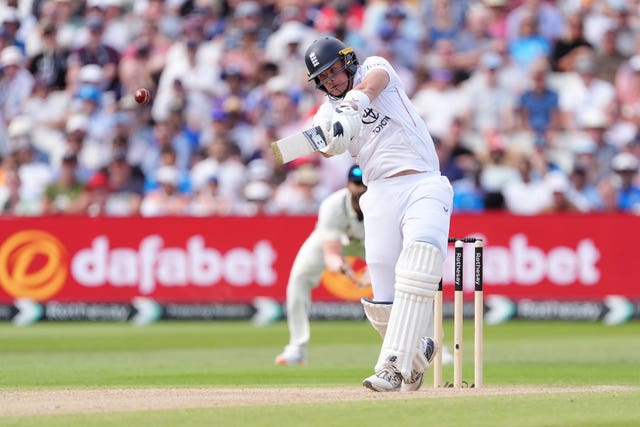 Jamie Smith hits over the leg side against India