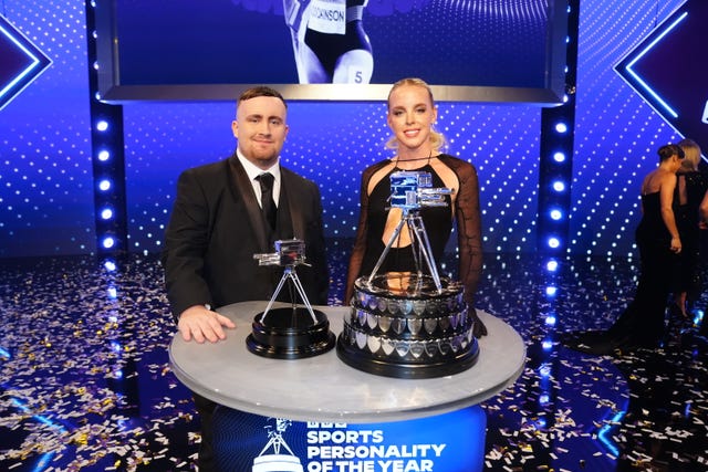 Luke Littler, left, with his BBC Young Sports Personality of the Year trophy and Keely Hodgkinson, right, with the main award