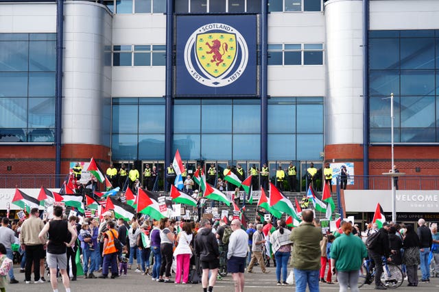 Pro-Palestine campaigners staged a demonstration outside Hampden 