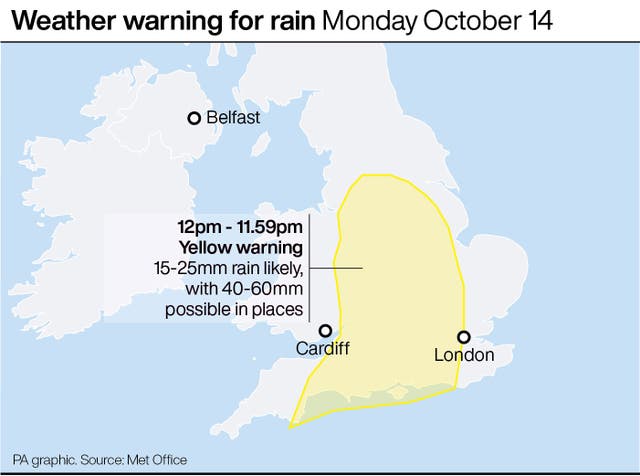 Weather warning for rain Monday October 14