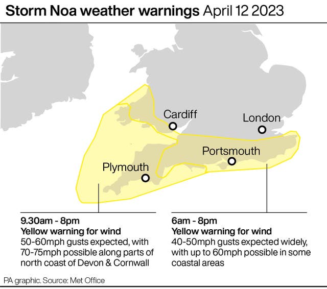 Storm Noa weather warnings April 12 2023