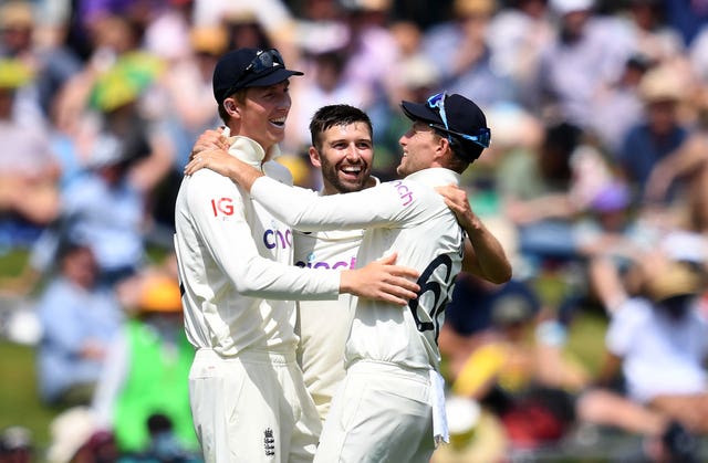 Mark Wood, centre, excelled in Australia in the 2021-22 Ashes series (Darren England via AAP/PA)