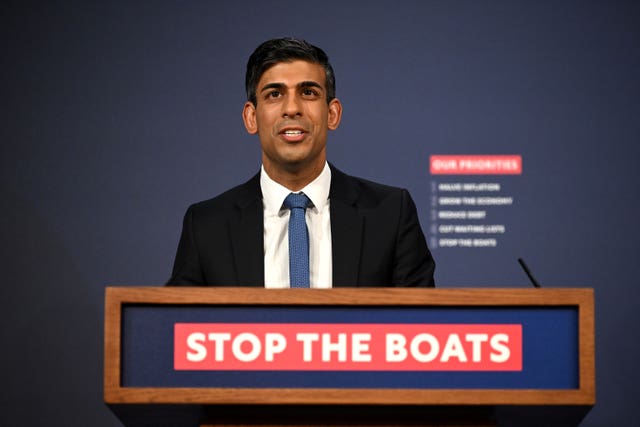 Prime Minister Rishi Sunak during a press conference in Downing Street, London, after the Government unveiled plans for new laws to curb Channel crossings as part of the Illegal Migration Bill.