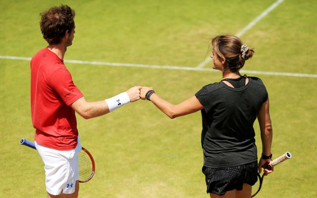 Andy Murray and Amelie Mauresmo during a practice session at Wimbledon