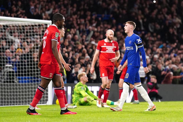 Cole Palmer, right, celebrates after scoring Chelsea’s fifth