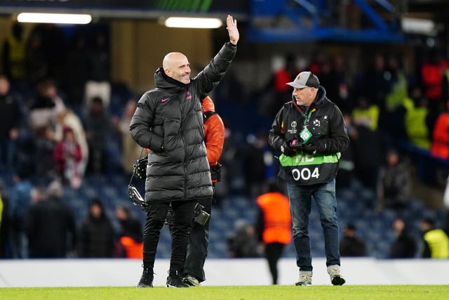 Chelsea manager Enzo Maresca waves after his side's win over Shamrock